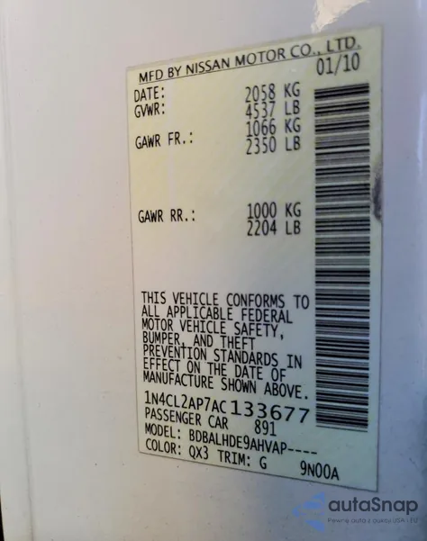 2010 Nissan Altima Hybrid from USA, damaged, VIN 1N4CL2AP7AC133677